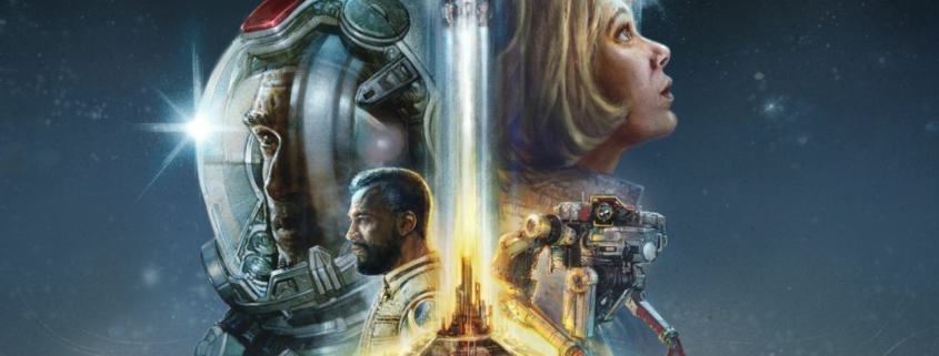 Starfield key art, showing Vasco, a robotic Starfield companion, a shuttle taking flight, and a series of human characters, one wearing an astronaut-style spaceflight helmet.