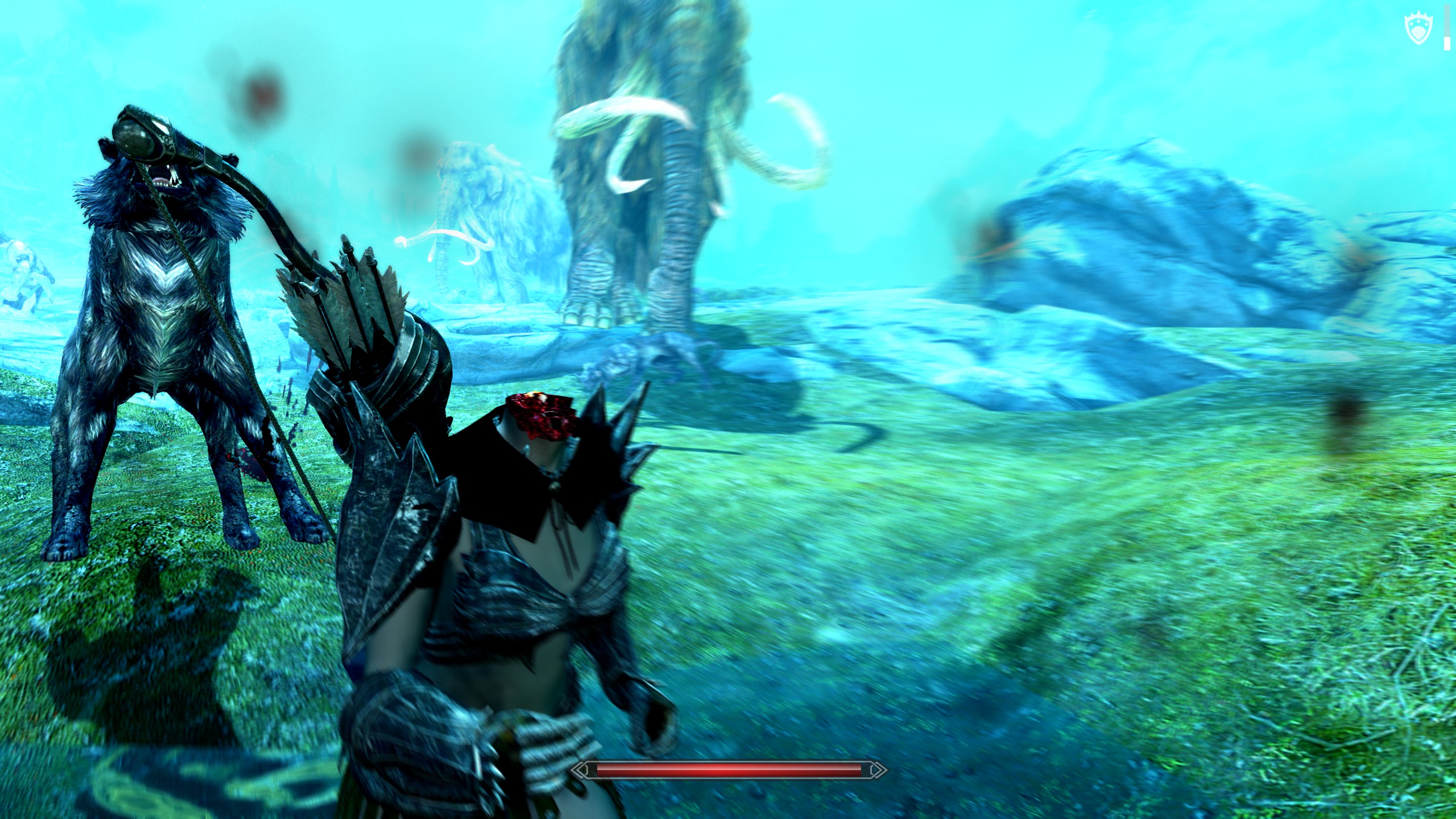 A headless dark elf runs away from a wolf and a mammoth, via the Skyrim on Skooma mod