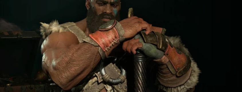 Bearded, Kratos-like Diablo barbarian resting his hands on the pommel of an upturned weapon, looking stoic and wrathful