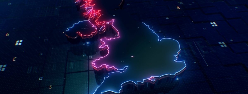 An image of the UK outlined in neon colours.