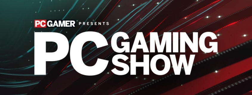 PC Gaming Show 2023 official logo on a background with black textured cables, red, and turquoise