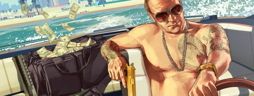 A man holding a gun drives a boat as money flies out the back in GTA Online