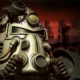 Fallout Power Armor helmet looking to right with darkened red city in background