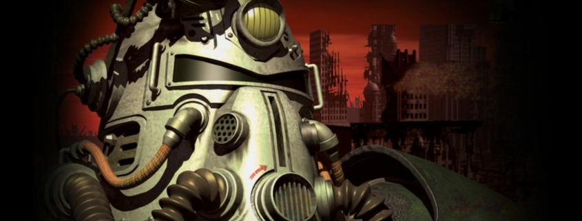 Fallout Power Armor helmet looking to right with darkened red city in background