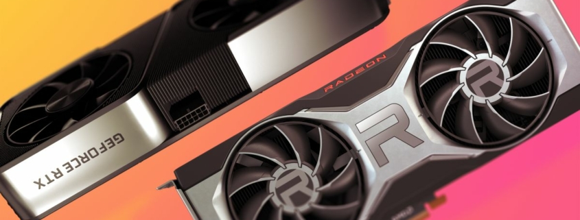 The Nvidia RTX 3070 and AMD RX 6700 XT side by side on a colourful background