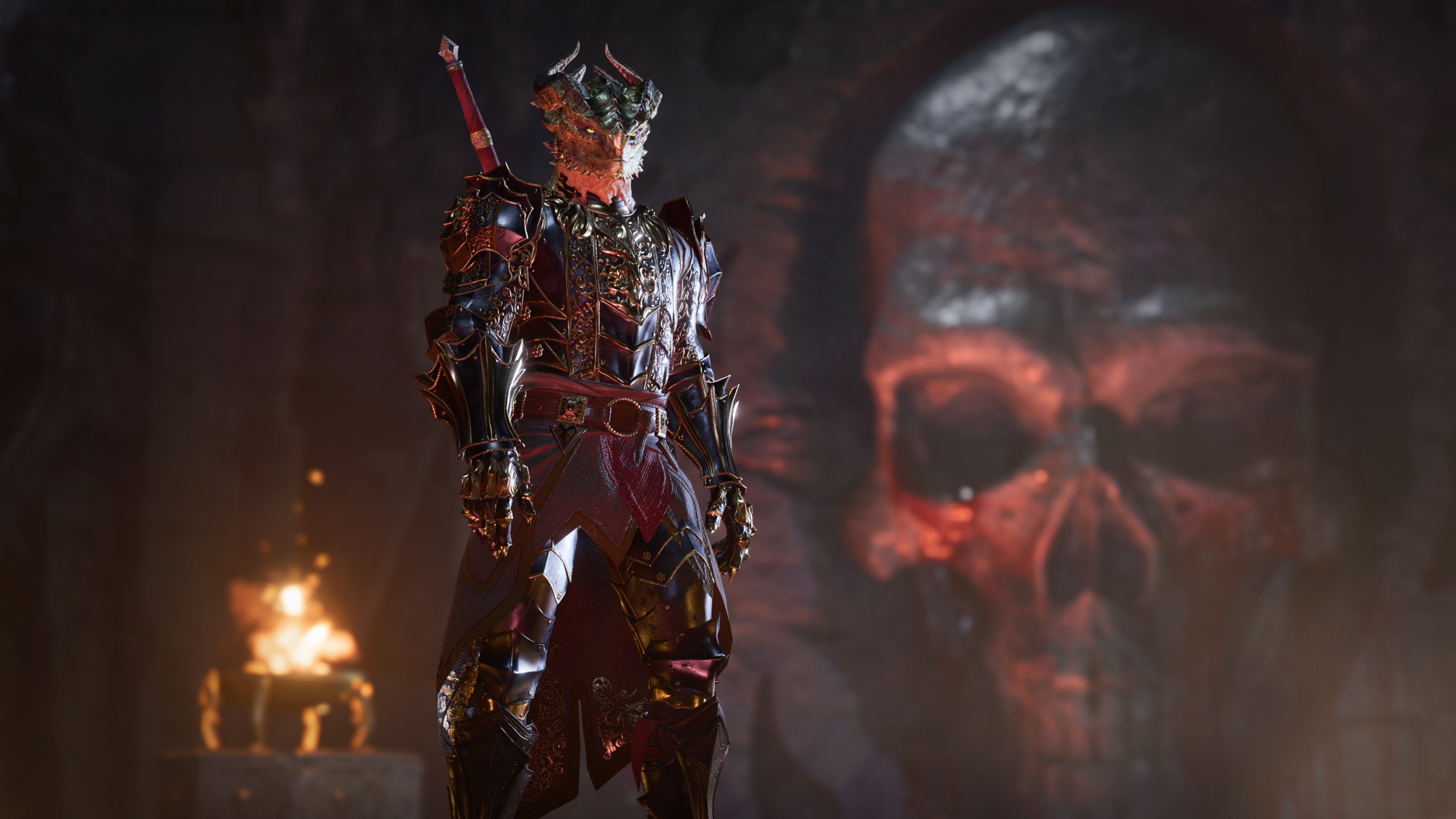 Baldur's Gate 3 — a Dragonborn character, standing in a torchlit room with a giant skull in the background. The dragonborn is wearing elaborate, gothic plate armor with a dark finish, and has a two-handed sword sheathed on their back.