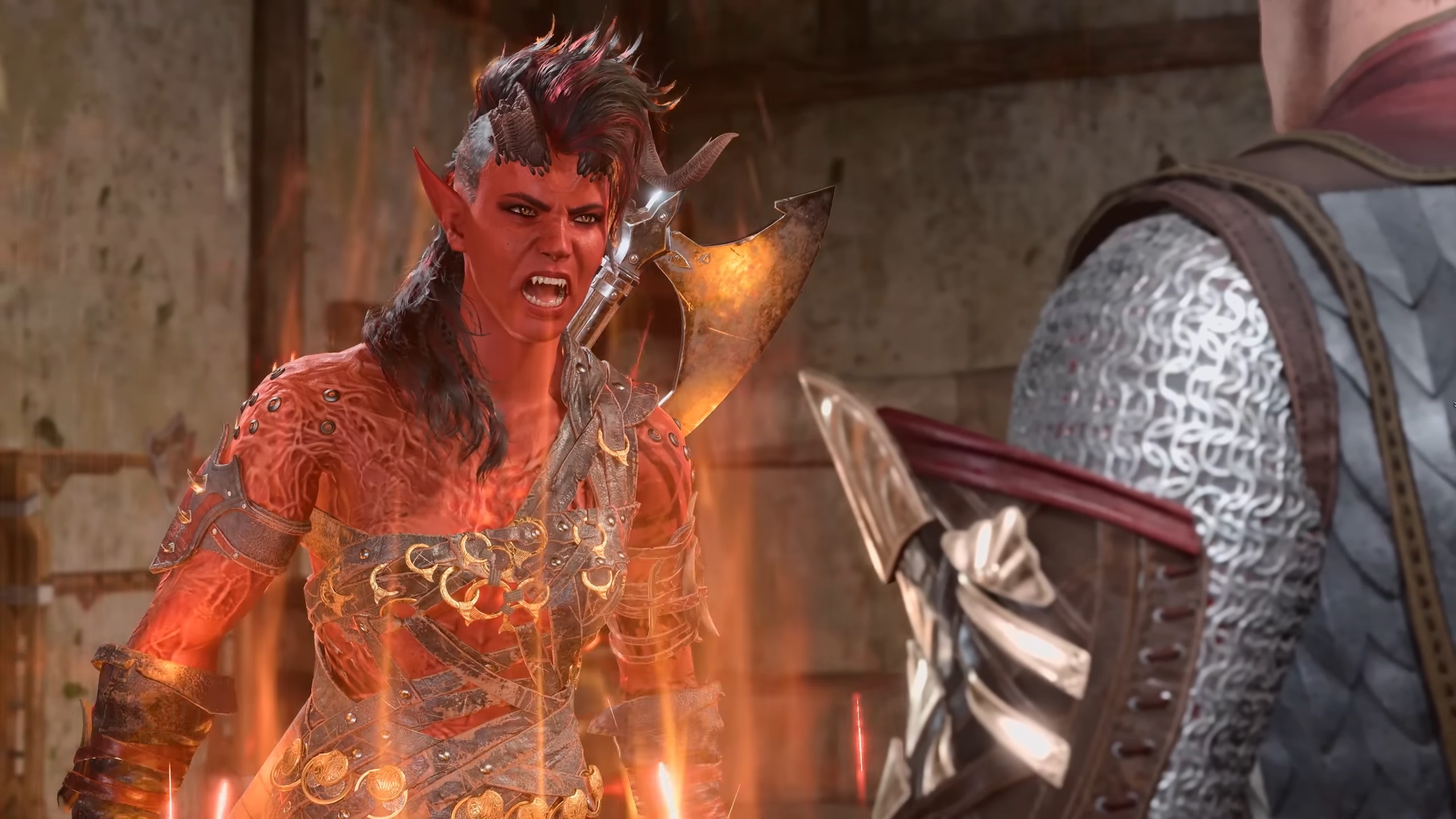 tiefling glowing red and yelling at camera