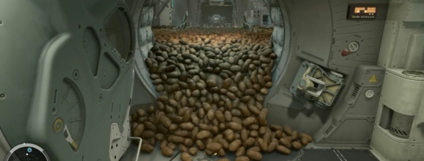 Starfield, a ship airlock door is open, thousands of brown russet potatoes fall out into the hallway