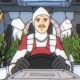 Frame of an animation by Joel Haver of a man in a space suit sitting in a cockpit surrounded by succulent plants