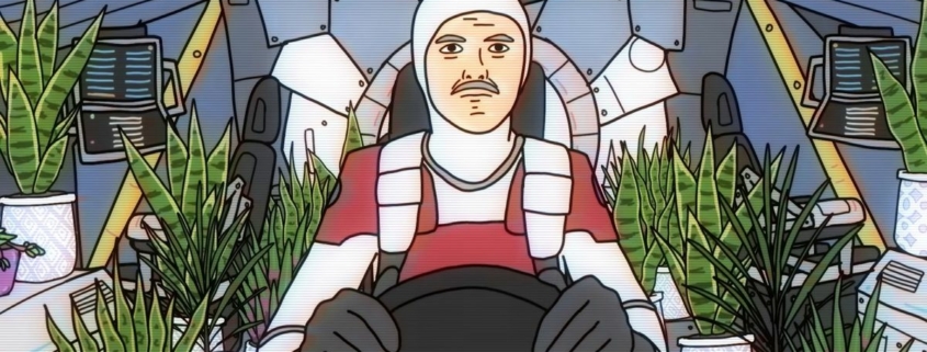 Frame of an animation by Joel Haver of a man in a space suit sitting in a cockpit surrounded by succulent plants