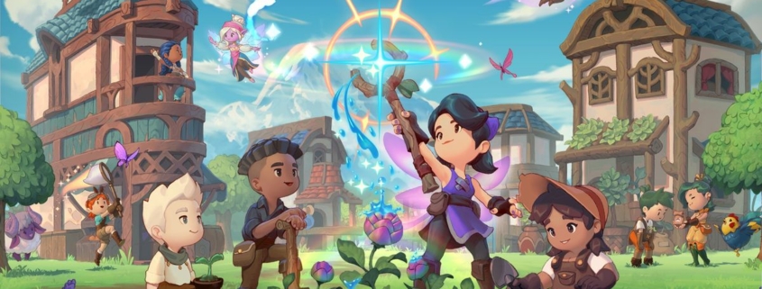 Fae Farm title screen, several characters gather round one casting a spell with a wand in a grassy, pastoral town