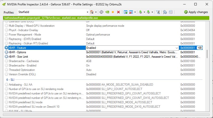 Nvidia Profile Inspector showing Starfield Nvidia Resizable BAR tweaks