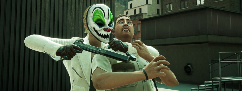 Payday 3 screenshot where a masked character holds a person hostage