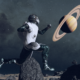 A player leaping into the sky on a barren moon in Starfield.