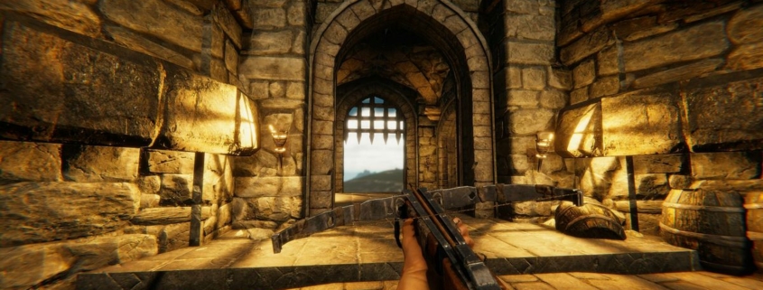 A player holds a crossbow in Lost Isle.