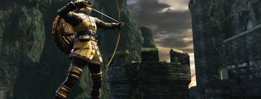 An archer in Dark Souls draws their bow to assail their enemy, perched atop castle battlements.