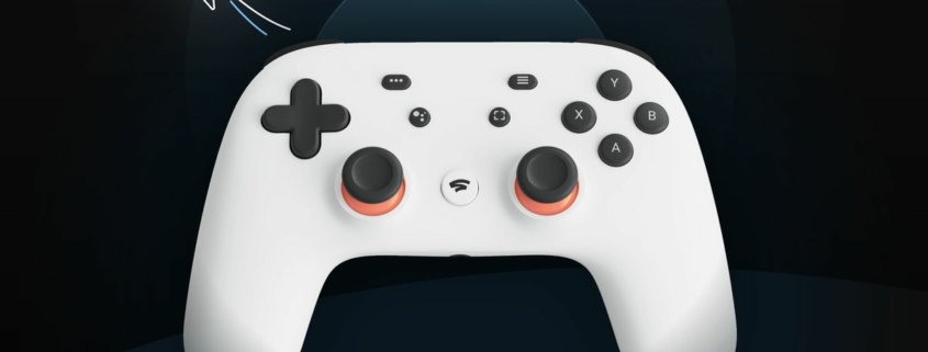 Google Stadia controller with a rocketship flying away above it