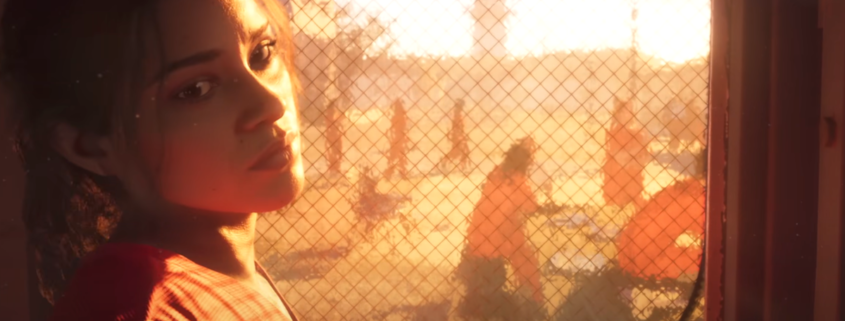 Lucia, a protagonist from Grand Theft Auto 6, looks over her shoulder at the camera while backlit by a prison yard.