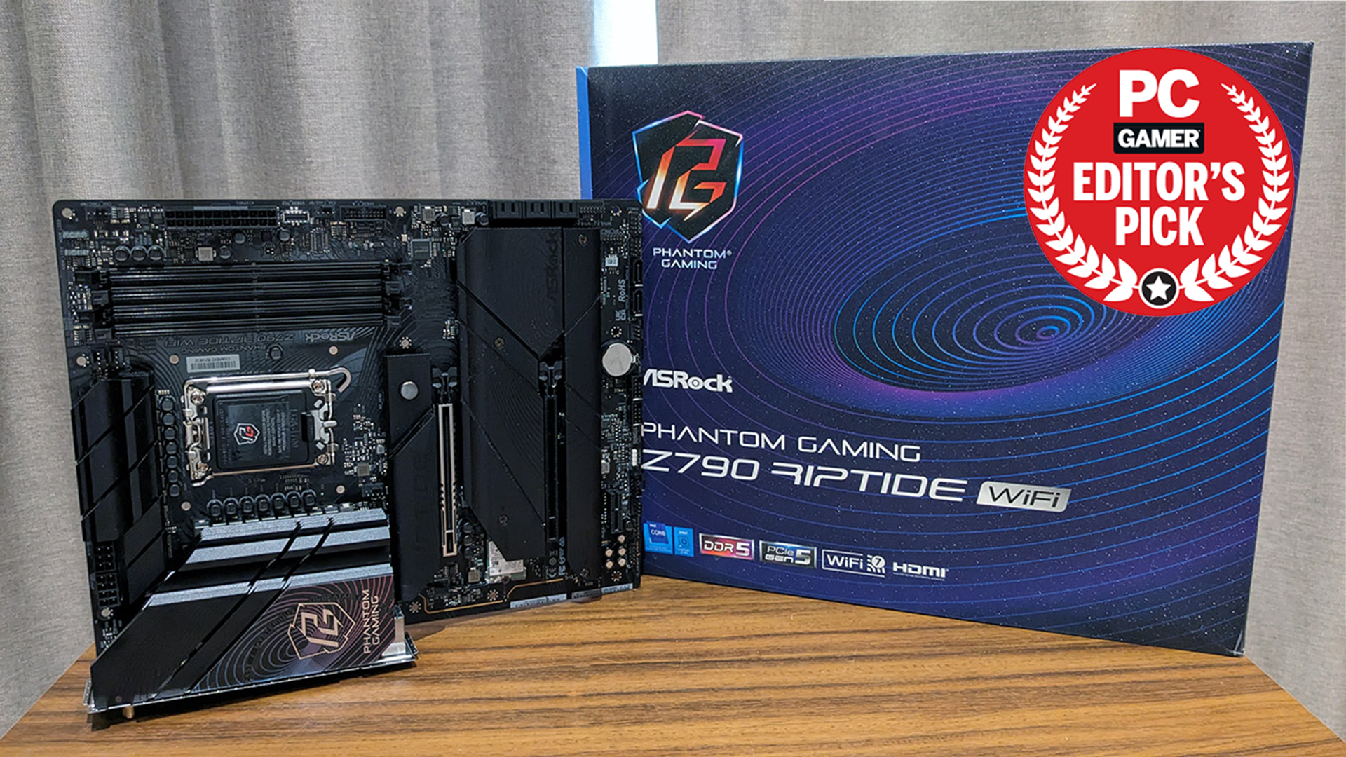 ASRock Z790 Riptide WiFi motherboard and box.