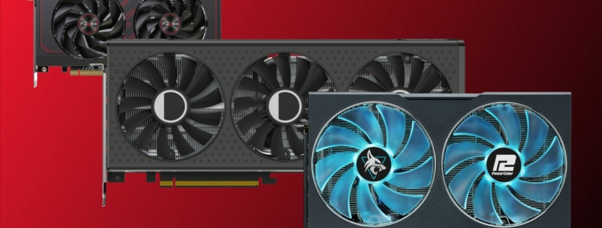 Collection of Radeon RX 7600XT models against a colored background