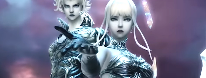 An image of two imposing figures - one female, one male - from the Omega Protocol, an ultimate in Final Fantasy 14.