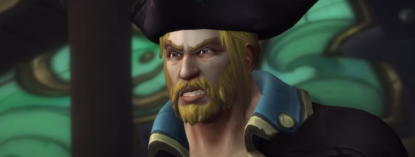 A very upset admiral from World of Warcraft: Battle for Azeroth bares a grimace.