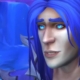 Kalecgos, aspect of the blue Dragonflight from World of Warcraft: Dragonflight, flashes a hopeful smile - he is a blue-haired mage of considerable power with a vulnerable expression.