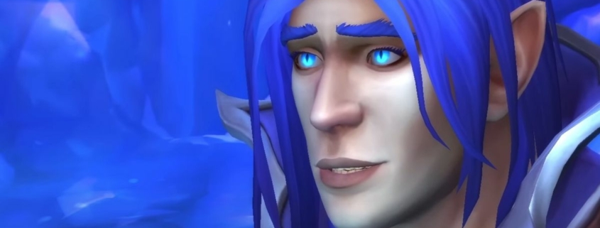 Kalecgos, aspect of the blue Dragonflight from World of Warcraft: Dragonflight, flashes a hopeful smile - he is a blue-haired mage of considerable power with a vulnerable expression.