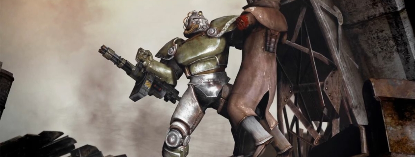 Fallout power armor wearer holding up a defeated NCR ranger