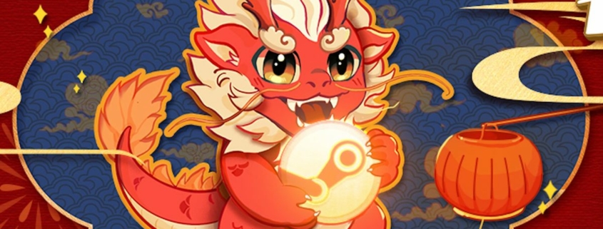 Steam Lunar New Year Sale 2024 header - cute bipedal dragon holding a lantern