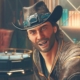 Close-up of man grinning with a cowboy hat