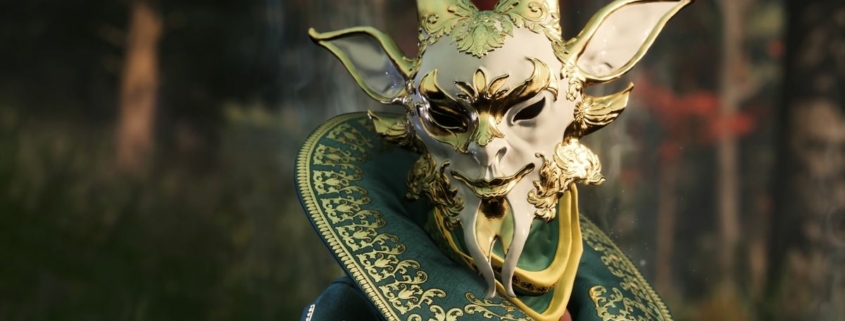 Nightingale - A character in a white and gold mask with an elaborate collar .