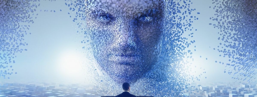 An Ai face looks down on a human.