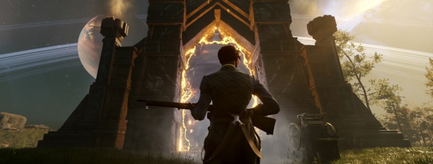 Nightingale screenshot - man with a rifle standing in front of a magical portal