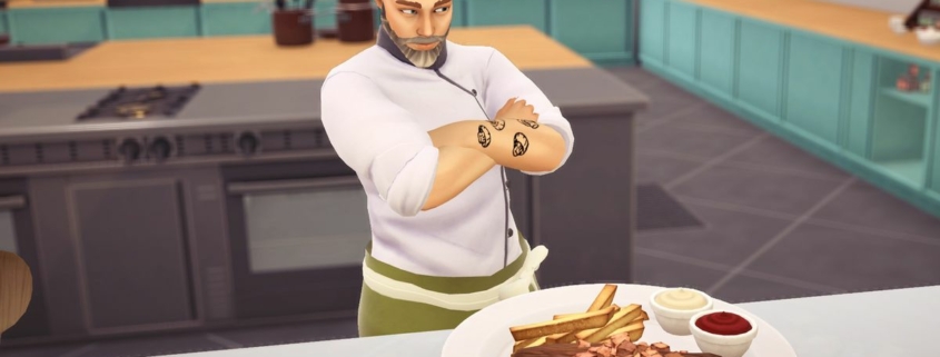 Chef in kitchen with plate of food and mushroom tattoo on arm