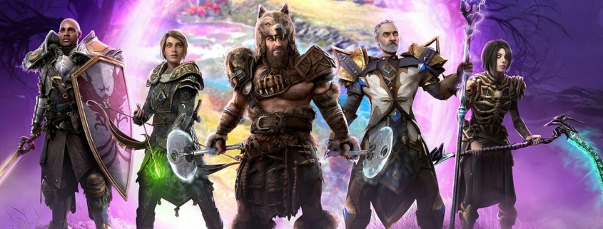 Last Epoch key art with five characters representing each class standing in front of a portal