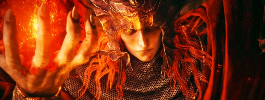 Elden Ring Shadow of the Erdtree trailer screencap of a red haired character holding fire in their hand