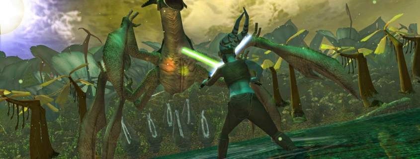 Aayla Secura faces down a big alien bug in Star Wars: Battlefront Classic Collection