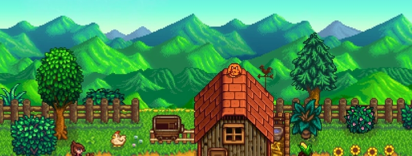 Stardew Valley key art - a player on a horse rides near a farmhouse while another harvests corn.