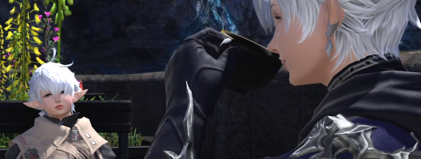 An image of Alphinaud and Alisaie sitting together at a table. Alphinaud, a studious young elezen, takes a sip of his tea while Alisaie sulks into her chair.