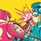 A cartoon-stylised illustration depicting two robots fighting each other