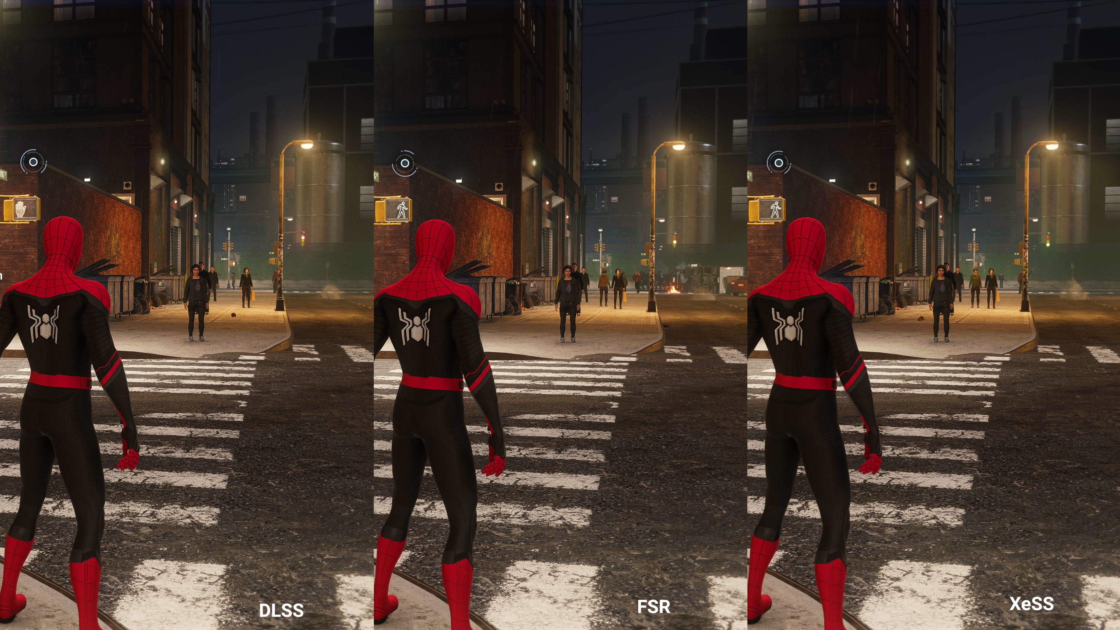 In-game screenshots of Spider-Man Remastered showing a visual comparison of DLSS, FSR, and XeSS upscalers in action