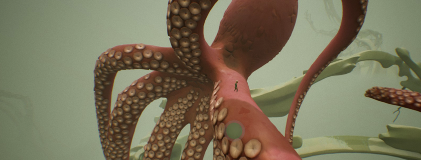 An image of a little boy riding on the tentacle of a large octopus in Chasing the Unseen.