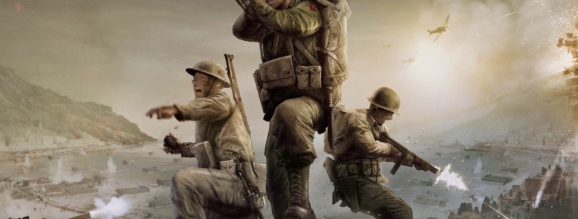 Company of Heroes 3 key art - three Allied soldiers on a rocky peak, shooting and throwing grenades at enemies