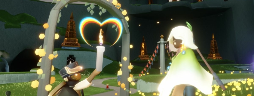 Sky: Children of the Light - a player offers a candle of friendship to another by kneeling before them