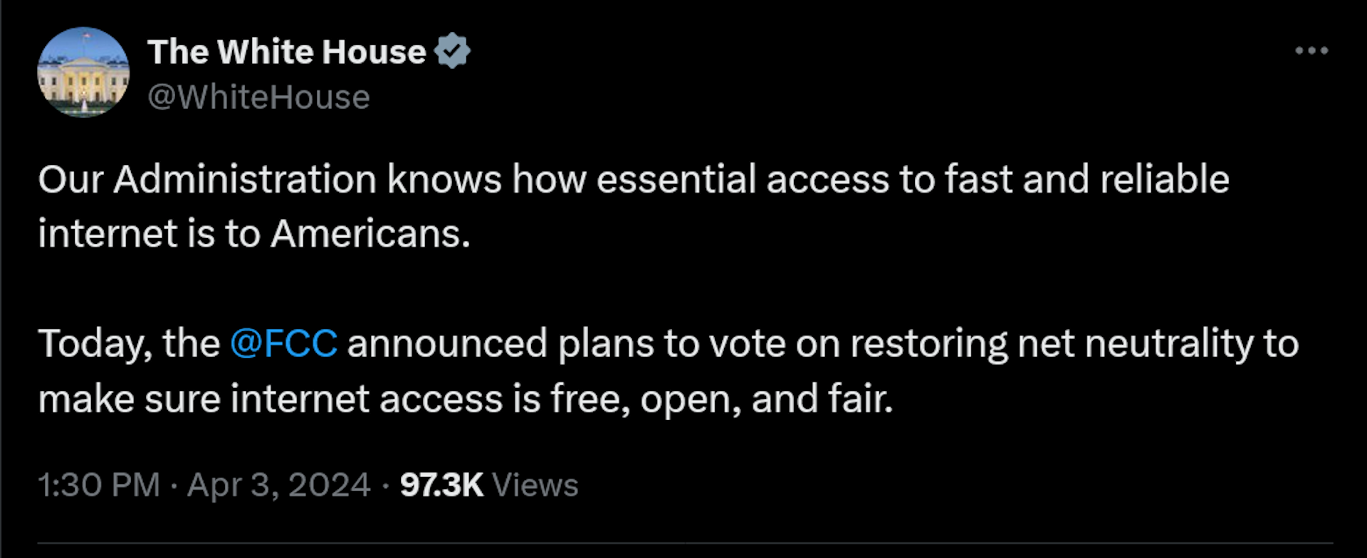 Our Administration knows how essential access to fast and reliable internet is to Americans. Today, the @FCC announced plans to vote on restoring net neutrality to make sure internet access is free, open, and fair.