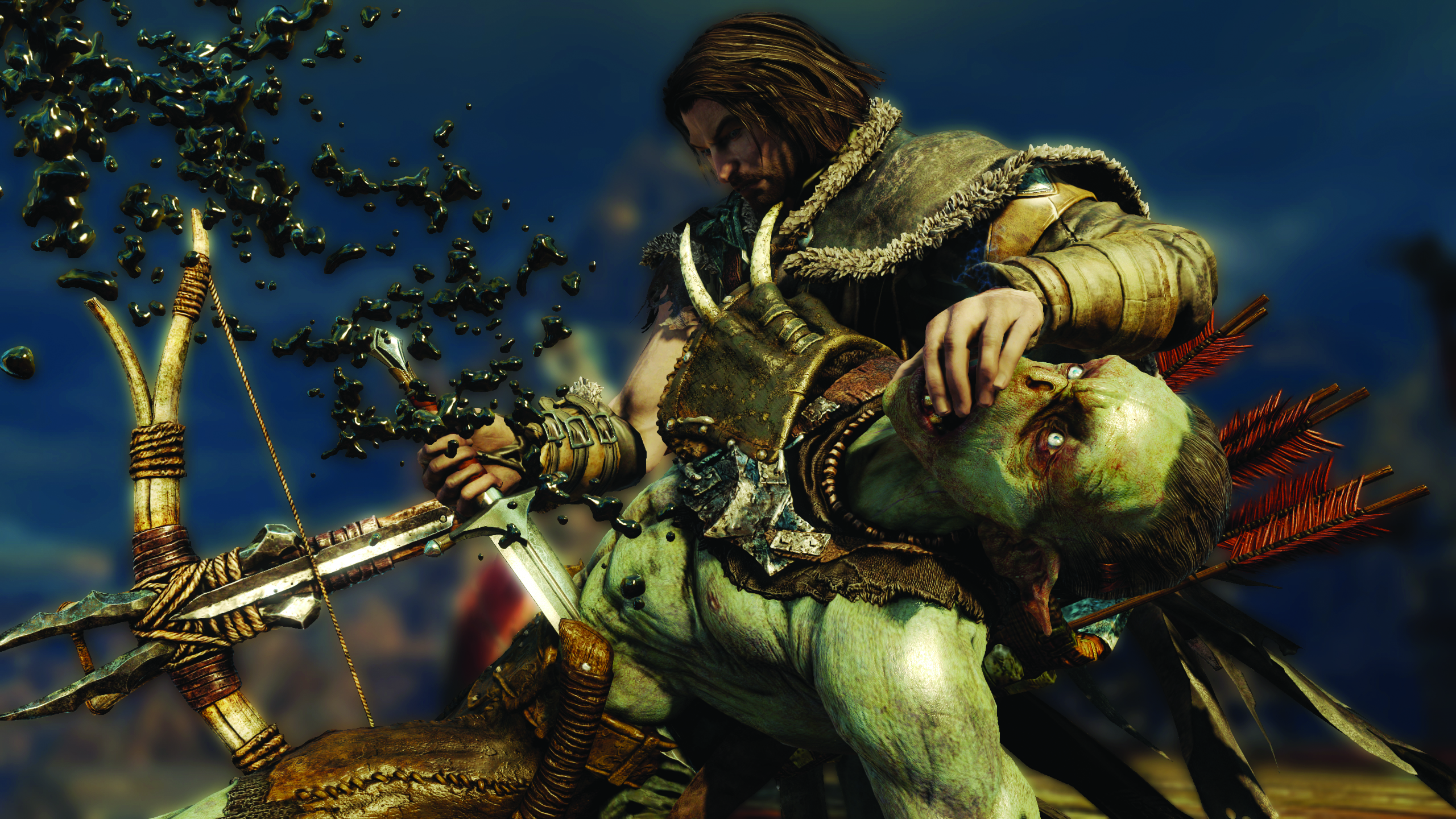 Talion stabbing an orc while covering it's mouth