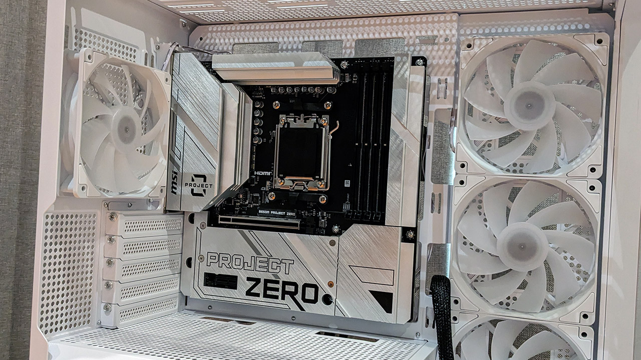 MSI Project Zero motherboard installed in a case with all connectors in place