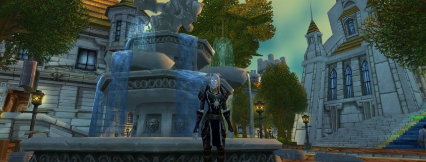 WoW Cataclysm transmog - a draenei is standing in Stormwind city next to fountain