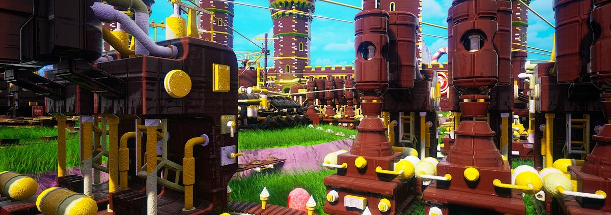 Chocolate assembly lines run through a chocolate castle in Chocolate Factory